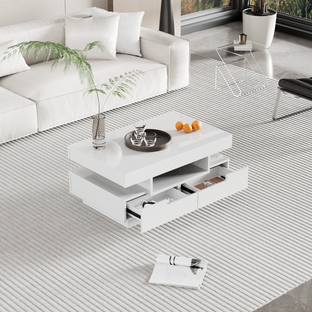 Coffee Table, High-gloss Surface, With LED Light Strip, Four Drawers At The Front And Back, Large Storage Space