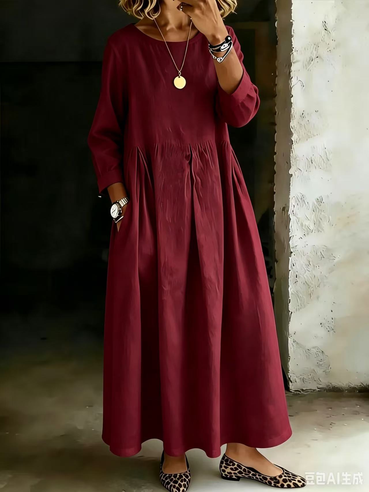 Autumn Long-sleeve Dress Womens Midi-length Loose Fit Plus Size