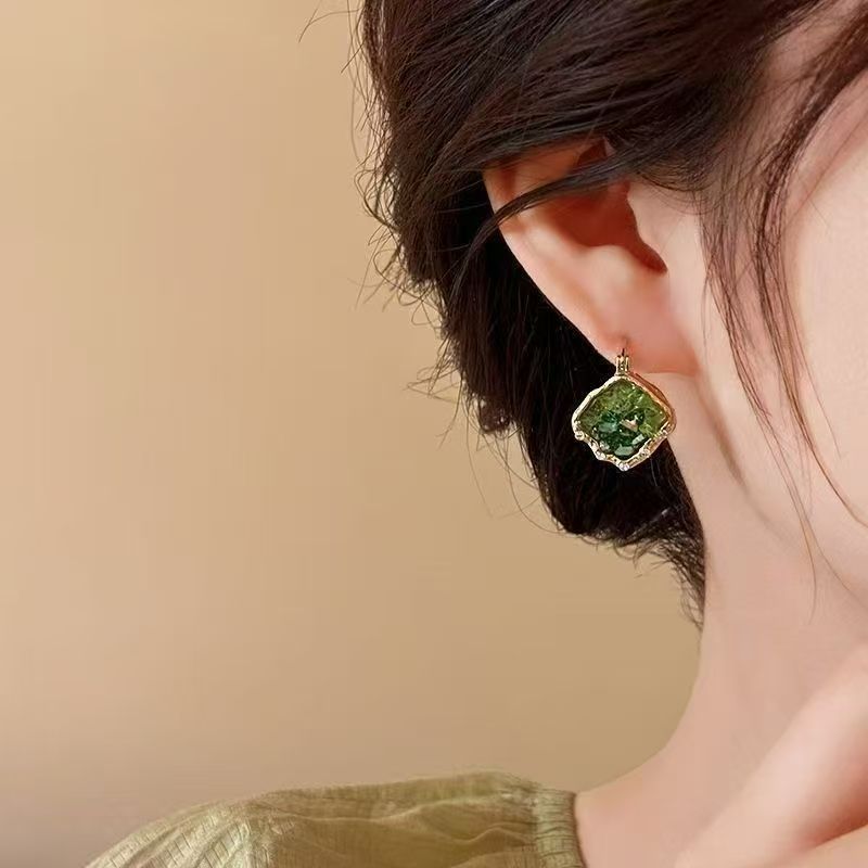 2026 New Bestselling Green Crystal Huggie Earrings For Women, Light Luxury High-End Niche Unique Elegant Stud Ear Jewelry
