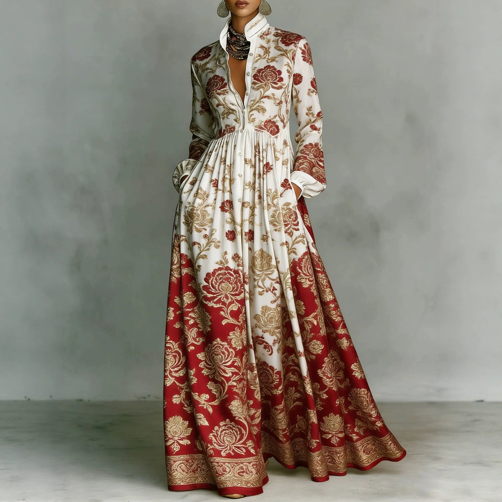 Womens Retro Casual Waist-Cinching Printed Dress