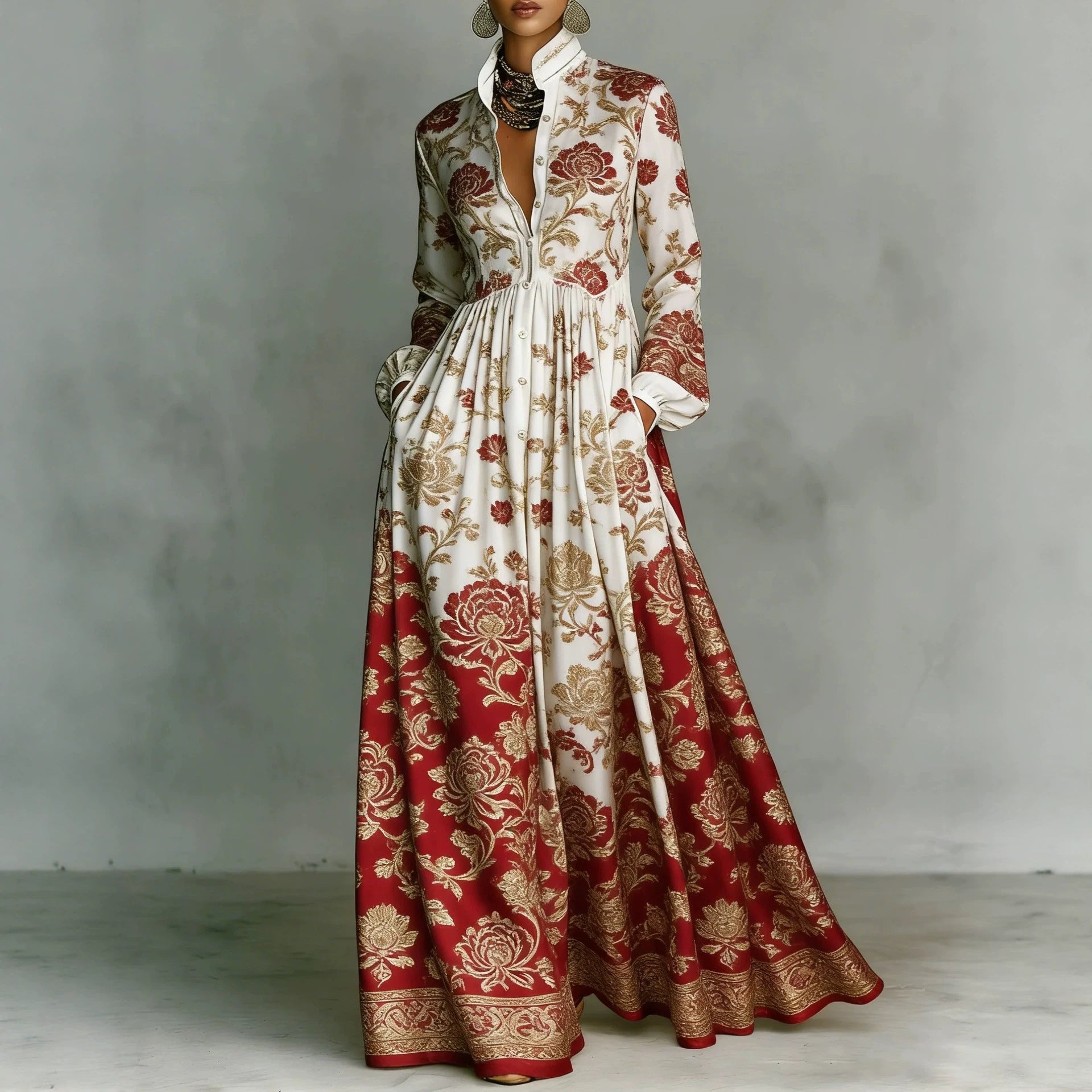 Womens Retro Casual Waist-Cinching Printed Dress