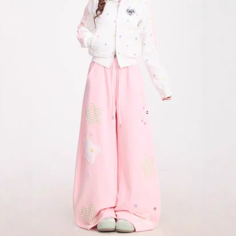 Womens American-Style Retro Quirky Patchwork Plaid Straight-Leg Sweatpants