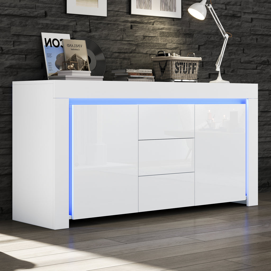 140x40x65cm Living Room Cabinet,Modern Chest Of Drawers With 3 Drawers,2 Doors,Width 140cm,High Gloss Side Cabinet With LED Light Strip,Sideboard With Storage Space,Suitable For Hallways, Living Rooms