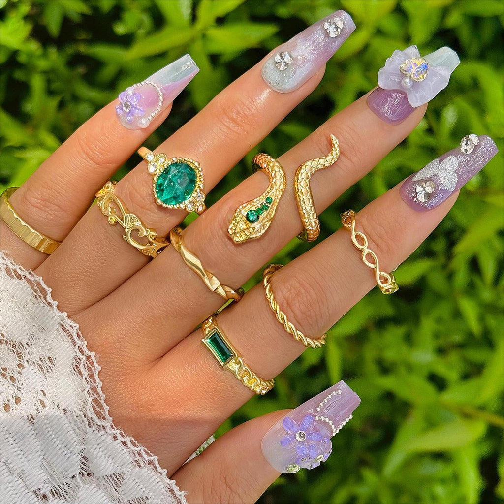 Vintage Emerald And Diamond Snake-Shaped Gemstone Ring Set
