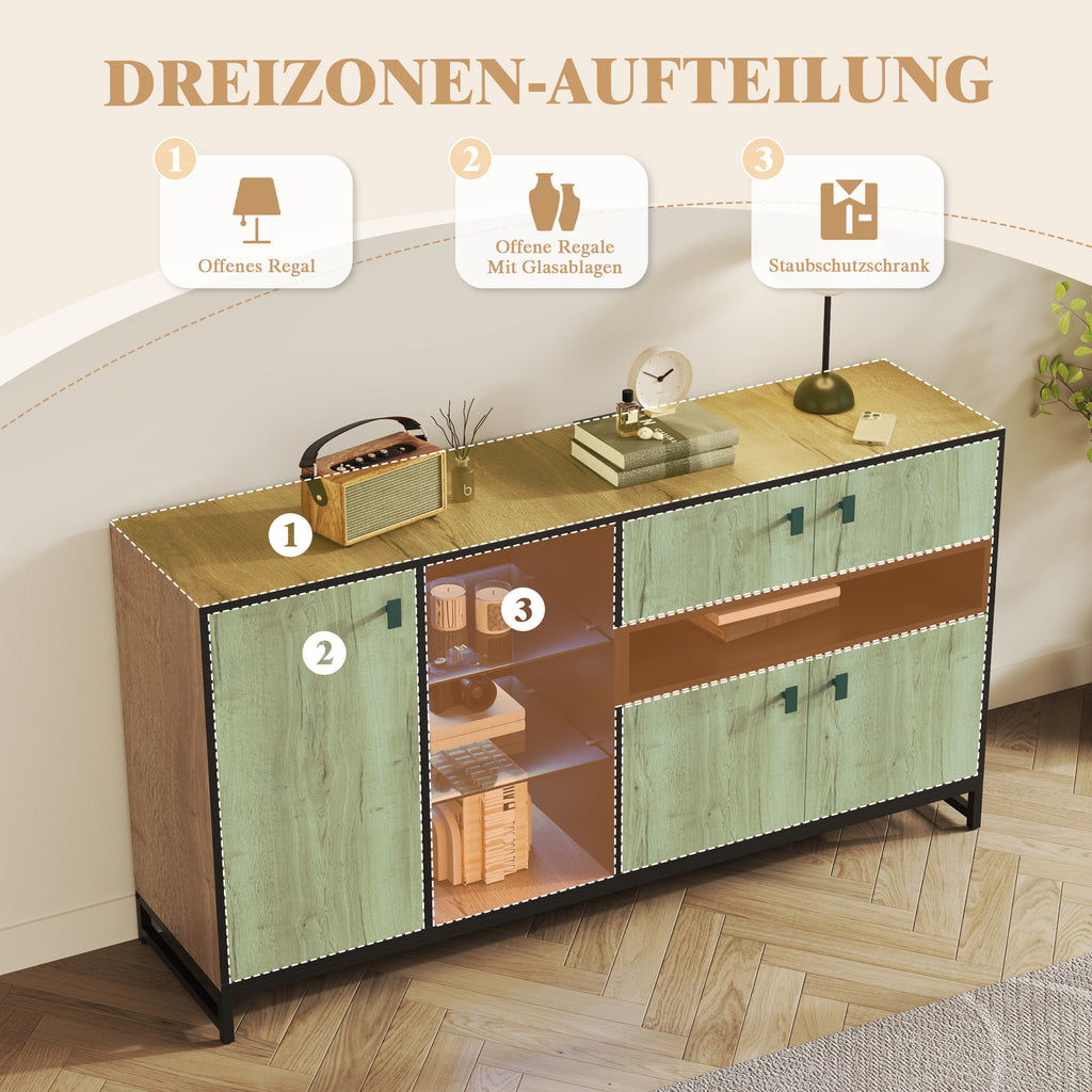 Modern Minimalist Storage Cabinet With Double Doors, Open Shelf, Glass Shelves And Adjustable Interior Dividers  Versatile Storage Solution For Living Room, Dining Room And Office.