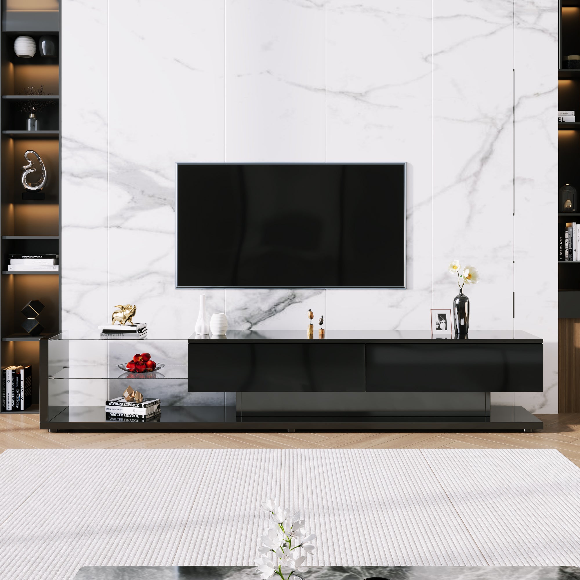 TV Cabinets, Lowboards, High-gloss Living Room Furniture. Glass Partitions And Variable LED Lighting. It Combines Natural, Rustic Style With Modern Design