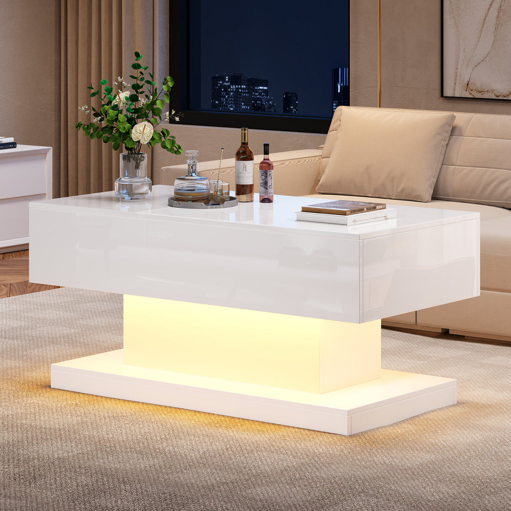 High Gloss Lift Tea Table LED Coffee Tables Coffee Table 100x50x45 Cm With LED Lighting - Semi-Liftable Table Top And Sideways Sliding Design, Hydraulic Lift And Storage