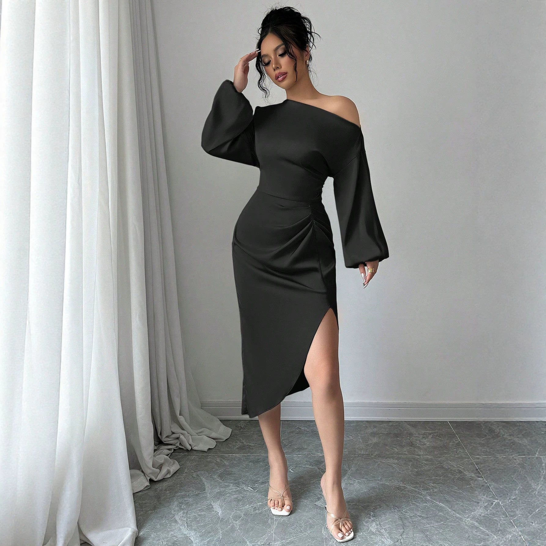 Off Shoulder Long Sleeve Dress With A Slanted Neckline