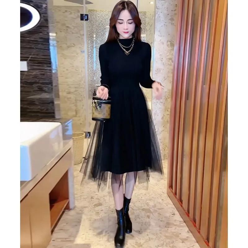 Knitted Patchwork High-Waisted Mesh Dress For Women