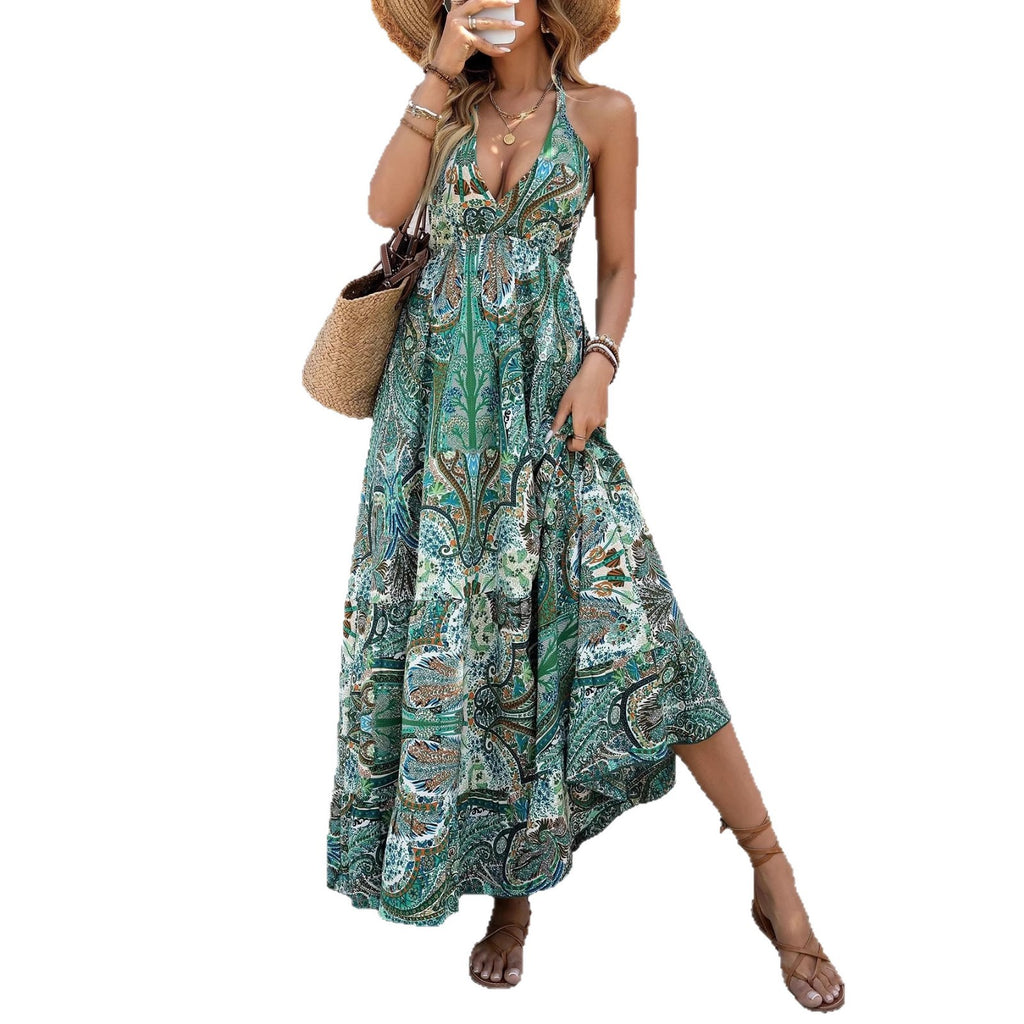 Backless Lace-Up Tassel Paisley-Print Resort Dress