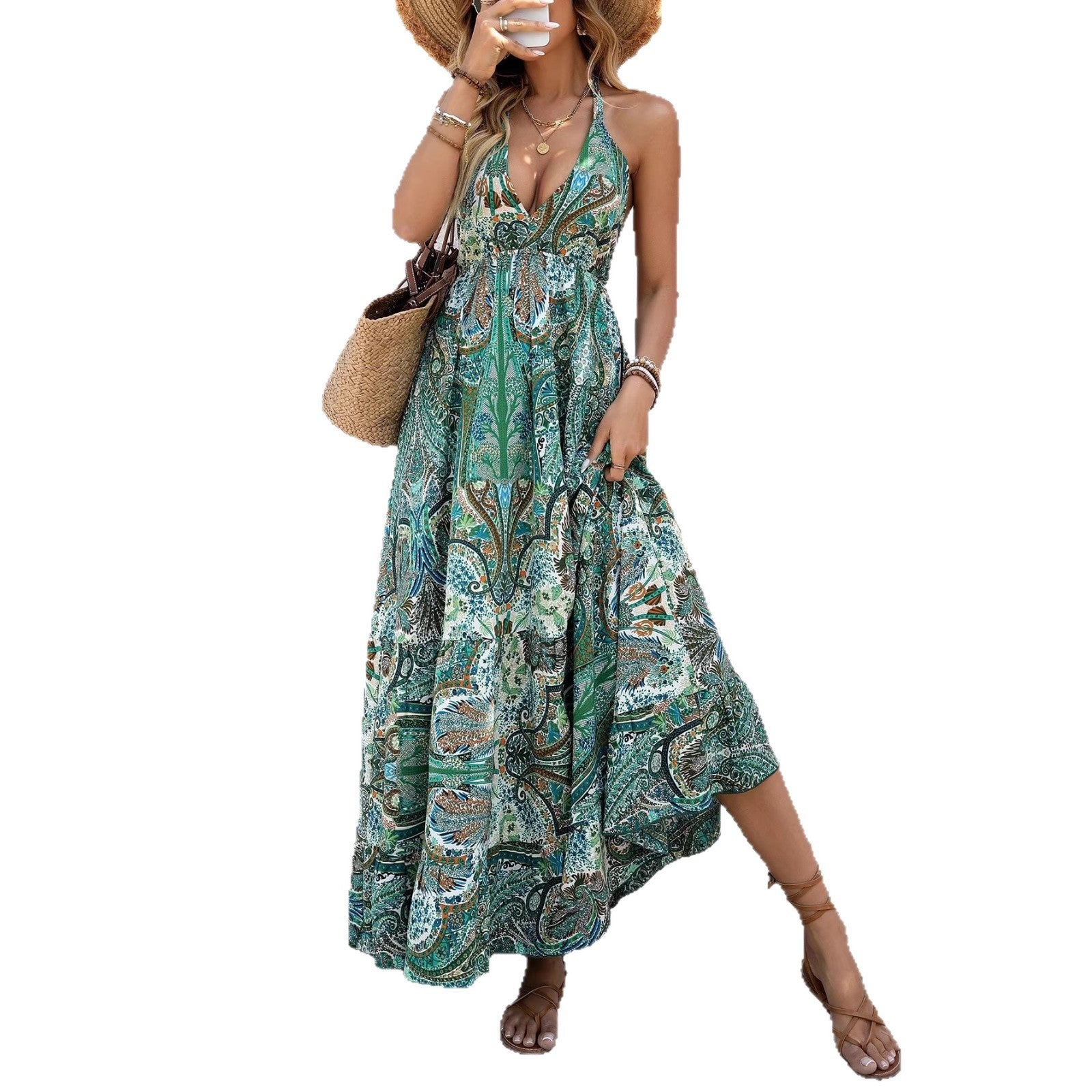 Backless Lace-Up Tassel Paisley-Print Resort Dress