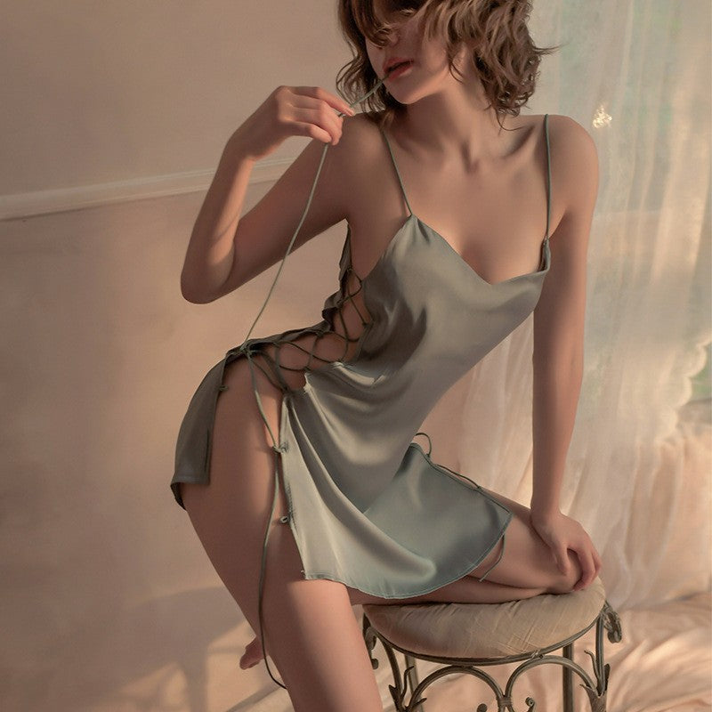 Underwear Silky Pajamas Women's Side Slit Lace-up Nightdress