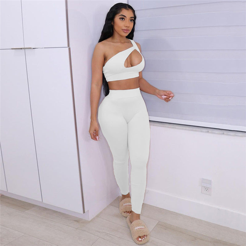 Sloping Shoulder Bodysuit High Waist Track Pants Set
