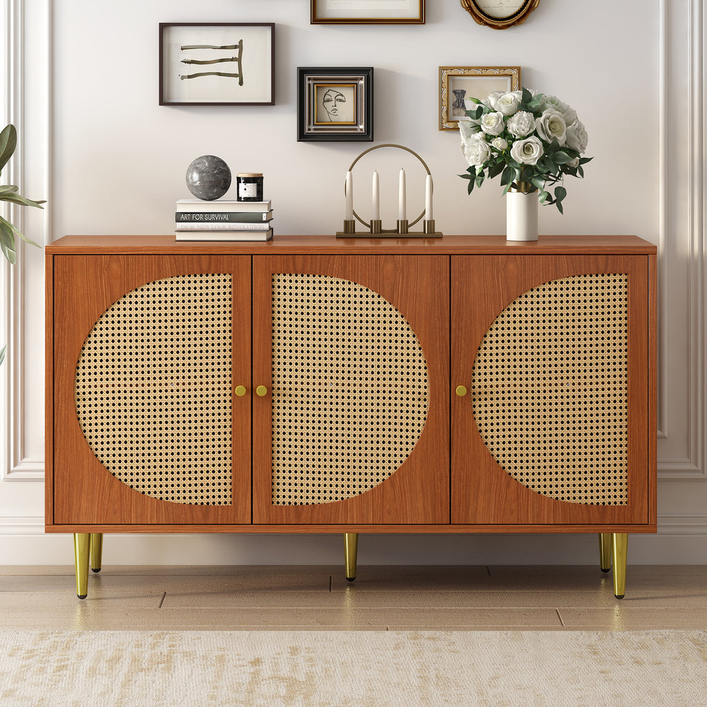 Sideboard With 3 Rattan Decorated Doors Chest Of Drawers Highboard With Metal Handles, For Bedroom & Living Rooms & Office, Walnut 129.8x 40x 76cm