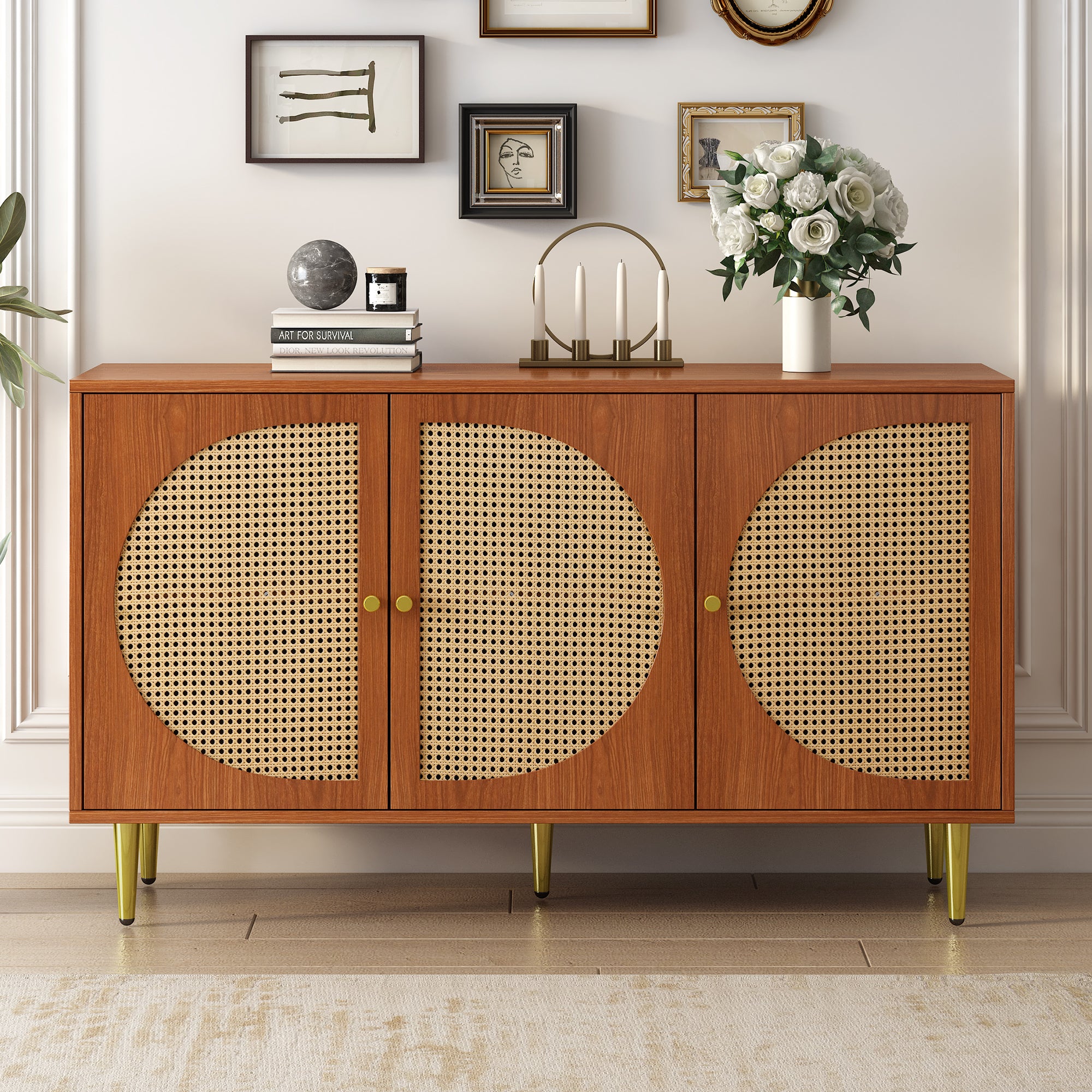 Sideboard With 3 Rattan Decorated Doors Chest Of Drawers Highboard With Metal Handles, For Bedroom & Living Rooms & Office, Walnut 129.8x 40x 76cm