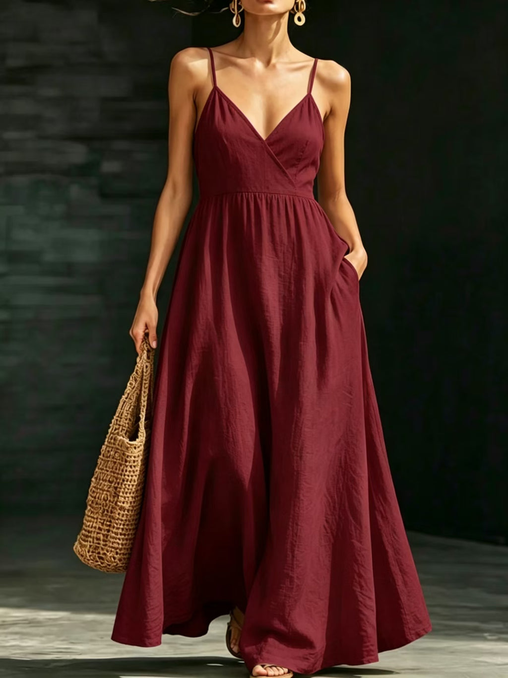 Women's Summer V-Neck Slip Dress With Pockets, Waist-Cinching Slim Elegant Midi Dress
