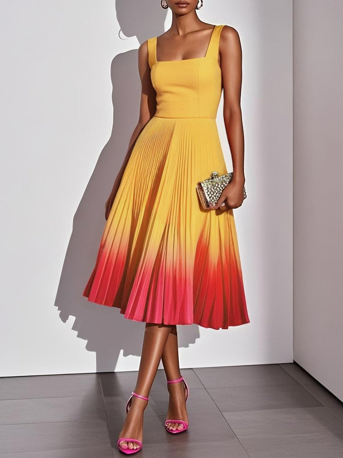 Square-neck Mid-length Dress With Gradient Pleats