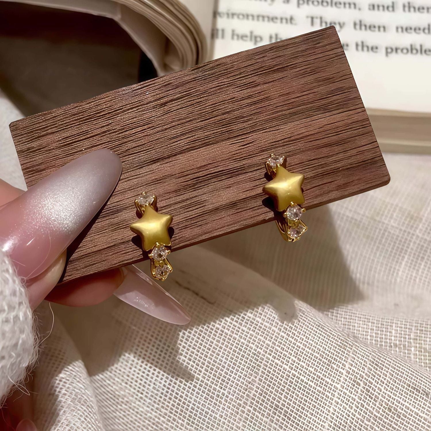 French Gold Brushed Star Huggie Earrings, Minimal Exquisite Niche Unique Designer Hoops, High-End Elegant Fashion Ear Jewelry For Women