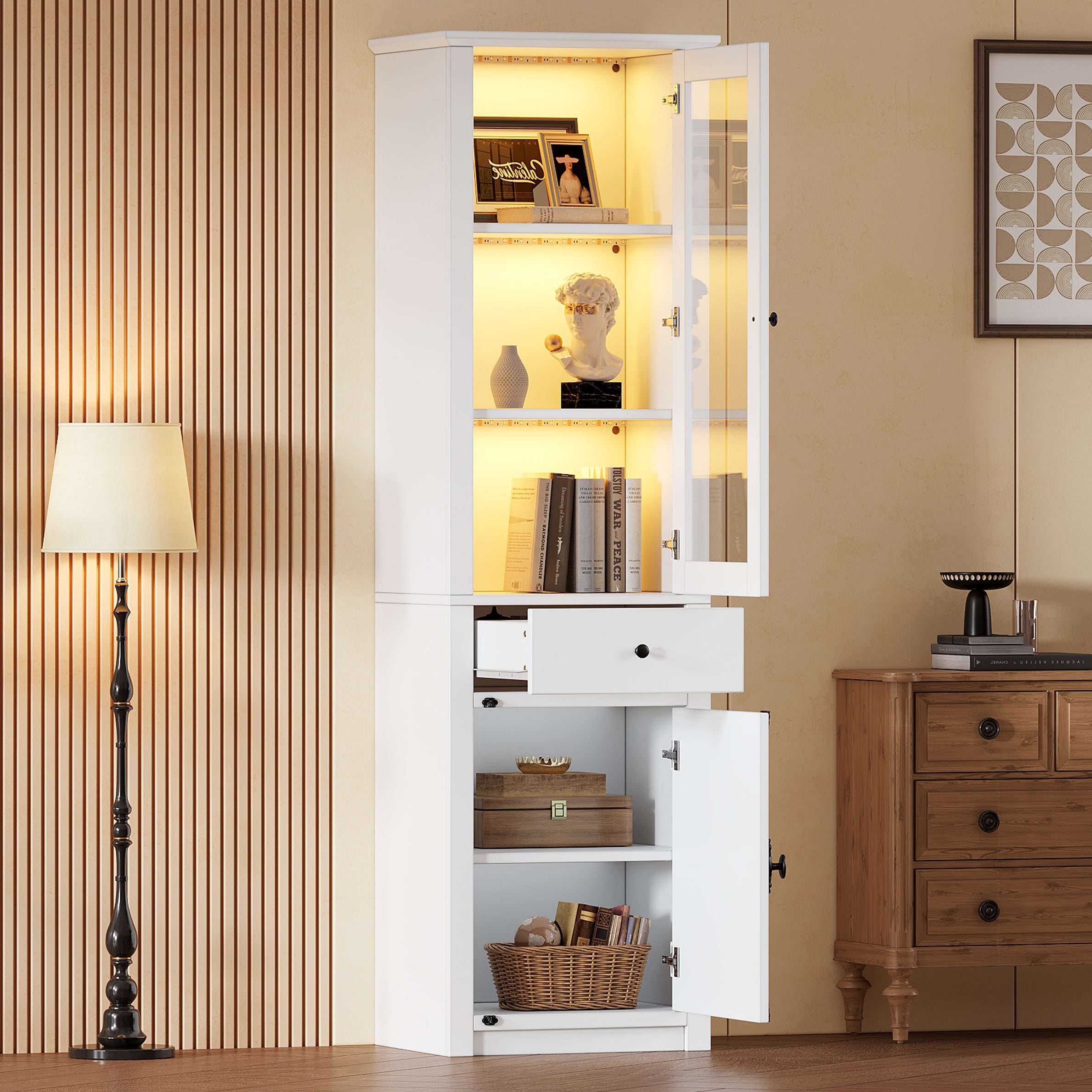 55X40X200cm Tall Cabinet,Display Case With One Drawer,Standing Display Case With 2 Cabinet Doors, Glass Display Case With LED,White,With Metal And Aluminum Alloy Handles