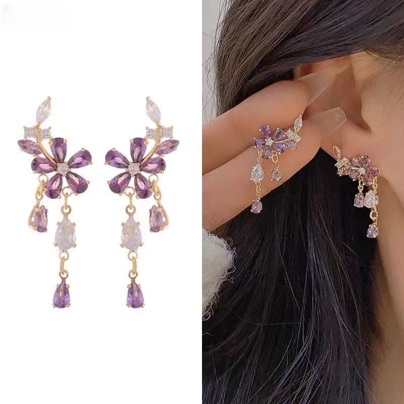 French Romantic Purple Petal Tassel Earrings, Crystal Teardrop Floral Leaf Design, Niche Light Luxury Elegant Dangle Ear Jewelry For Women