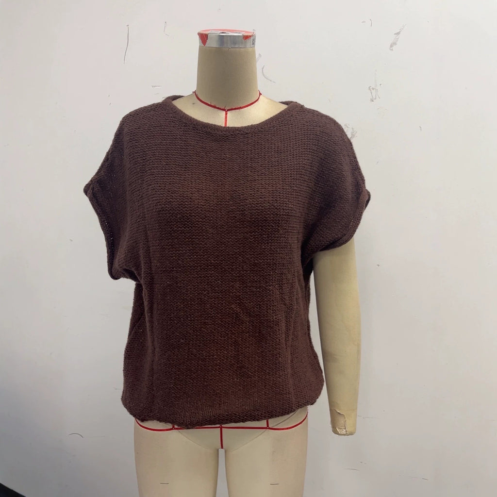 Womens Summer Elegant Retro Hollow-Out Loose Round-Neck Short-Sleeve Batwing Top