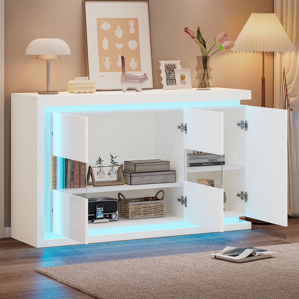 140x40x84cm Living Room Cabinet,Modern Dresser With 4 Compartments, Width 140cm,Side Cabinet With LED Light Strip,High Gloss Sideboard With Tempered Glass Doors,Suitable For Hallways, Living Room, Off
