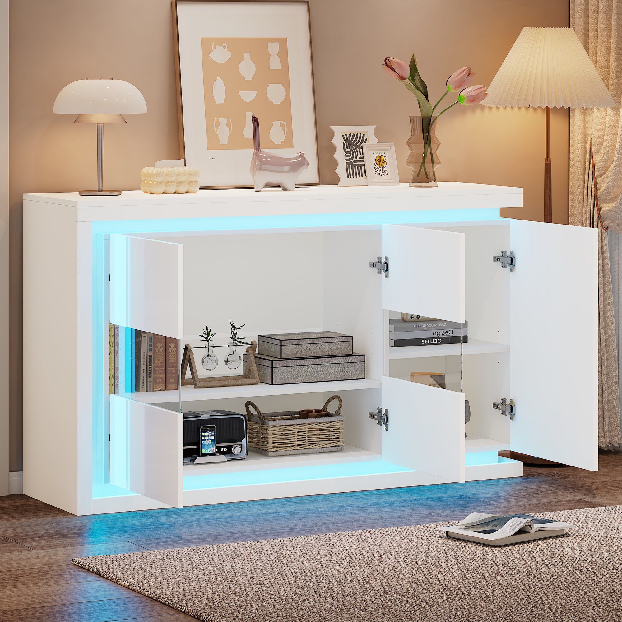 140x40x84cm Living Room Cabinet,Modern Dresser With 4 Compartments, Width 140cm,Side Cabinet With LED Light Strip,High Gloss Sideboard With Tempered Glass Doors,Suitable For Hallways, Living Room, Off