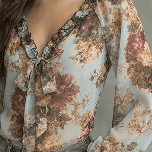 Womens Retro Oil-Painting Floral V-Neck Top