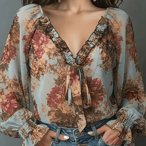 Womens Retro Oil-Painting Floral V-Neck Top