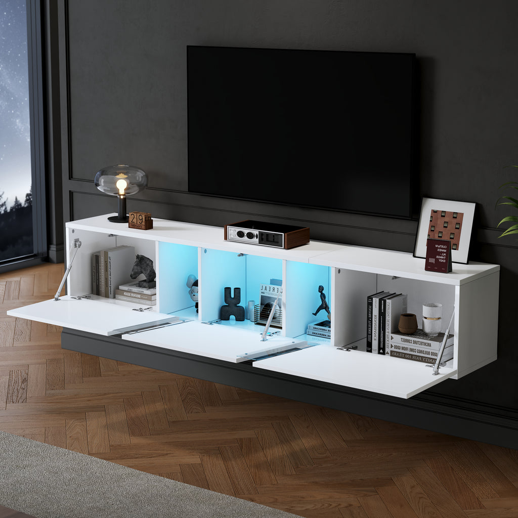 180 X 35 X 30 Cm, Wall Mounted TV Cabinet, Lowboard TV Cabinet With LED Lights, TV Stand With 3 Cabinet Doors, Suitable For 75 Inch TV, TV Cabinet TV Cabinet High Gloss, White