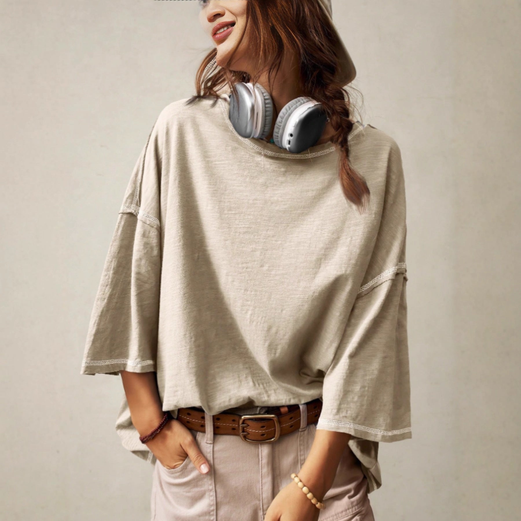 Casual Crew-neck Solid-color Versatile Long-sleeve Pullover T-shirt