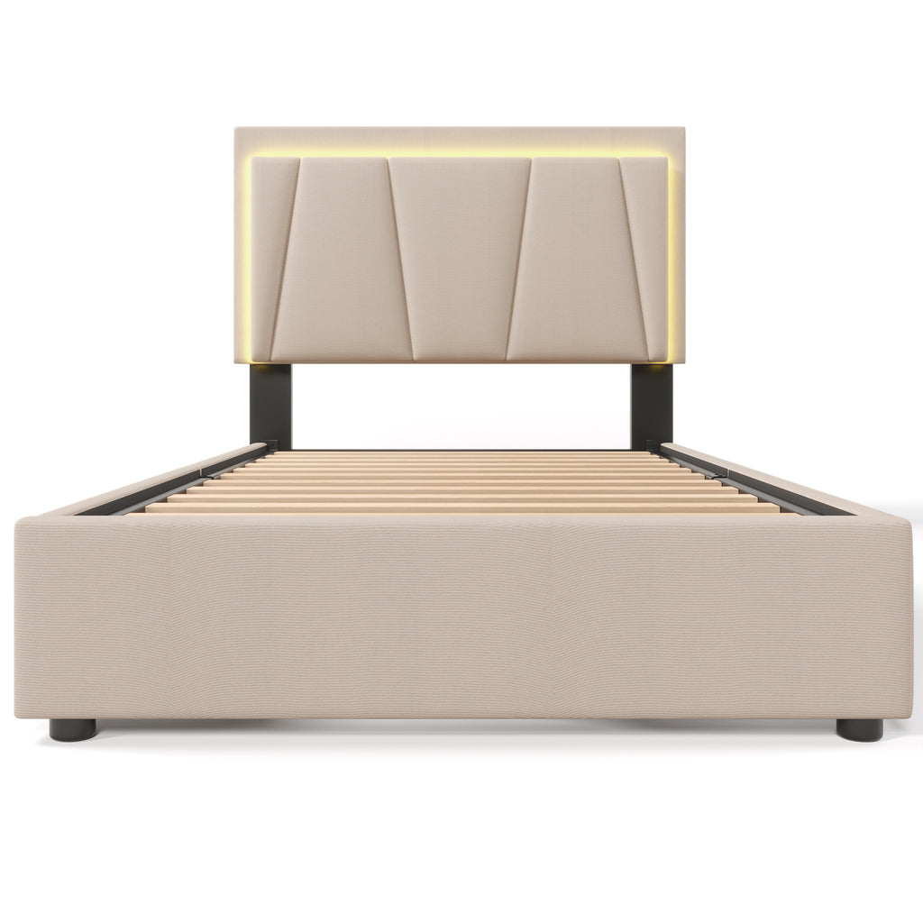 Sofa Bed With LED Lighting And 2 Drawers, Height Adjustable Headboard, Single Bed 90x200cm, Storage Bed Frame, Wooden Bar Bed, Beige Without Mattress