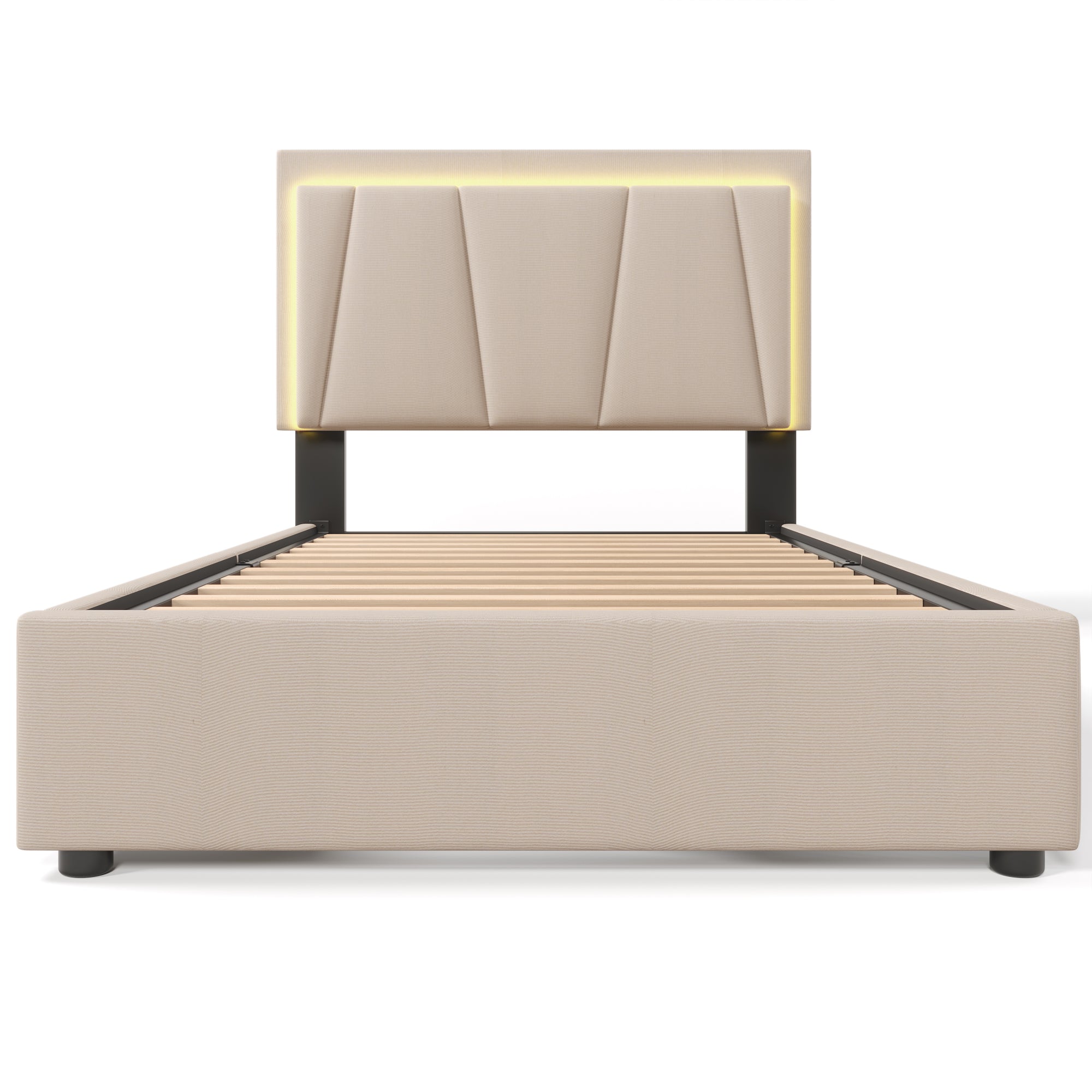 Sofa Bed With LED Lighting And 2 Drawers, Height Adjustable Headboard, Single Bed 90x200cm, Storage Bed Frame, Wooden Bar Bed, Beige Without Mattress