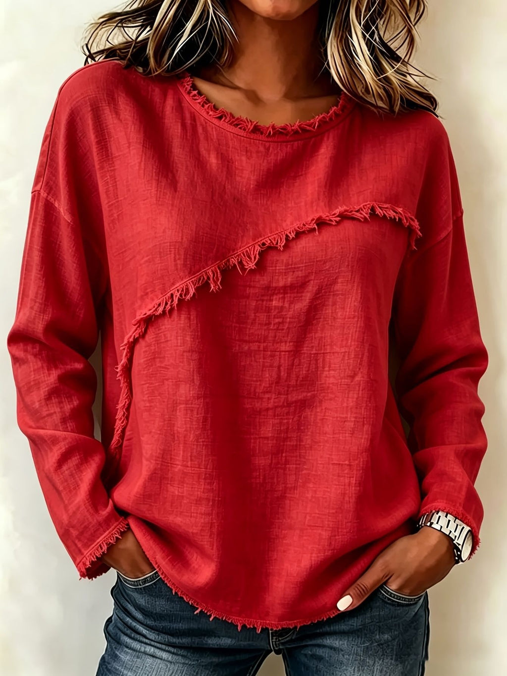 Round-neck Patchwork Lace Long-sleeve T-shirt Casual Top