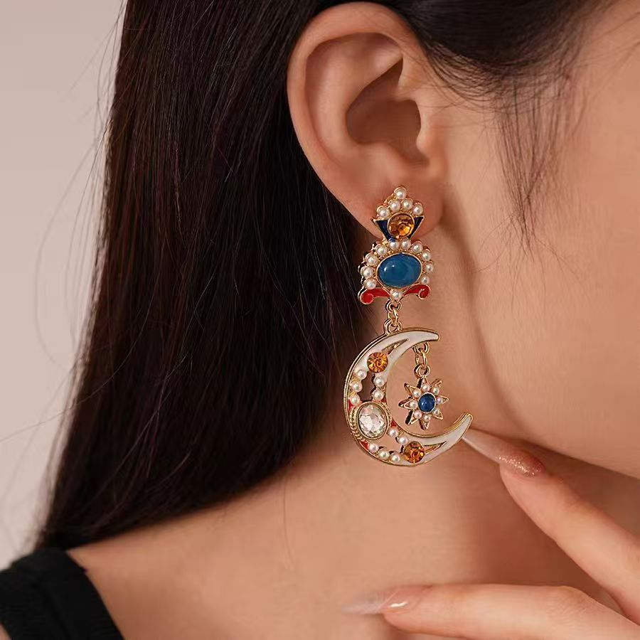 Vintage Moon & Flower Stud Earrings, High-End Ethnic Enamel Pearl Tibetan Style Unique Women's Ear Jewelry