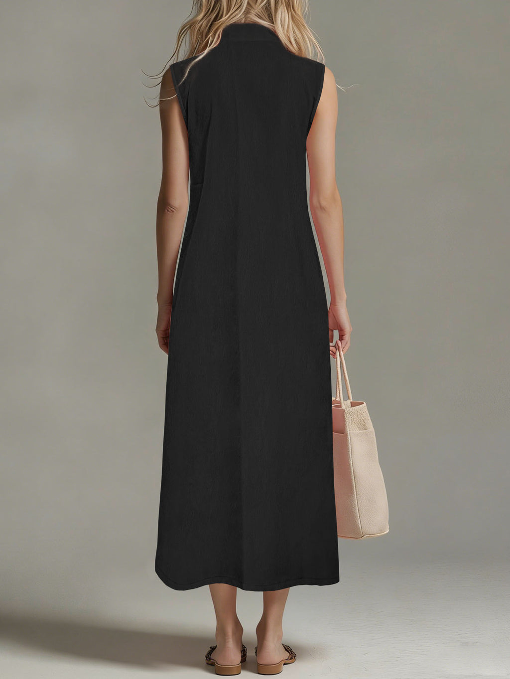 Women's Sleeveless Zip Front Maxi Dress Stand Collar Split Hem Casual Long Dress For Summer