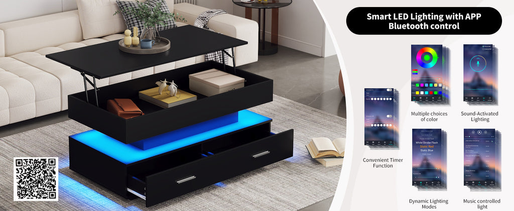 100X50X44cm Hydraulic Height Adjustable Coffee Table, With LED Lighting, Bluetooth APP Control, 2 Drawers And Open Storage,Black Liftable Coffee Table