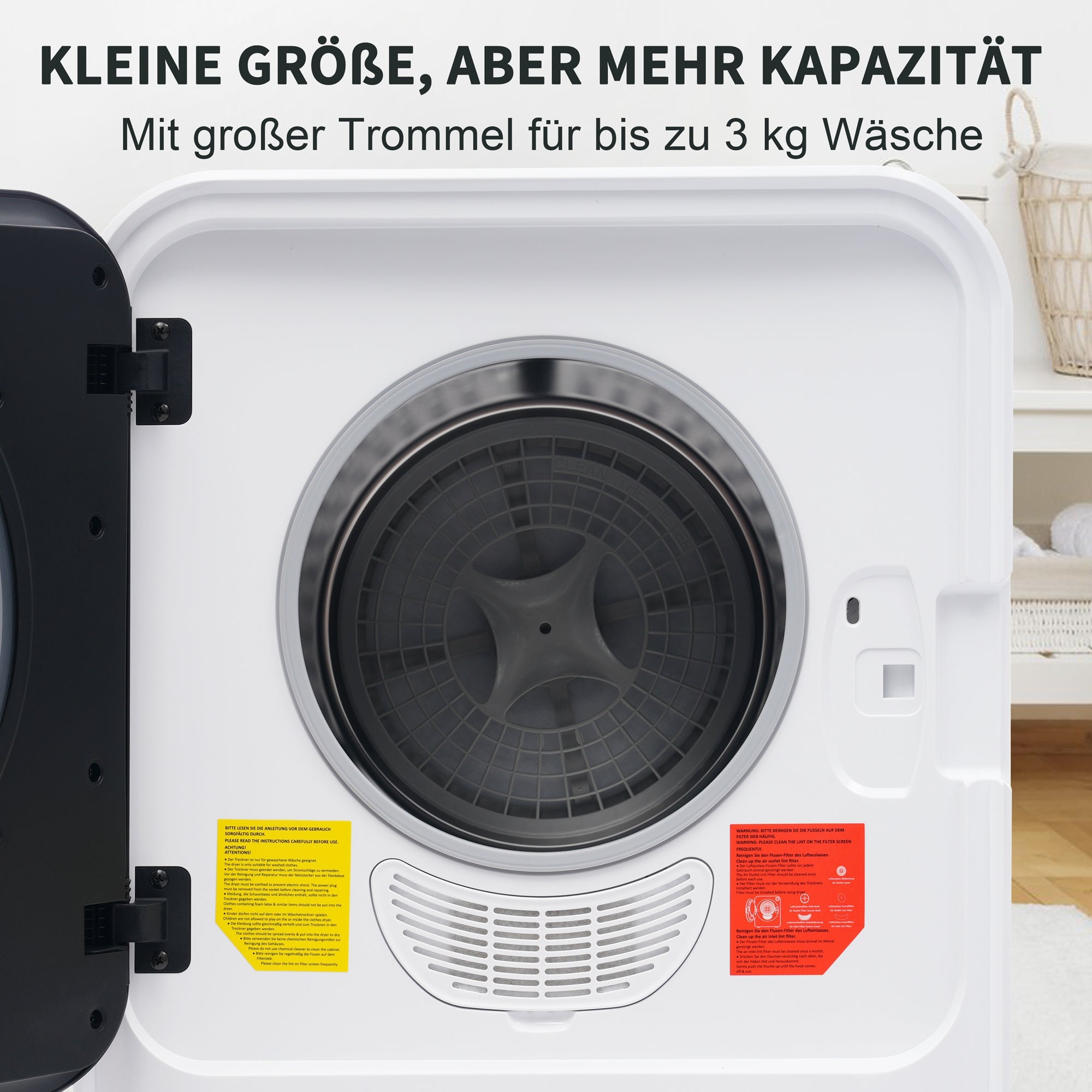 Vented Dryer, Stainless Steel Drum,3 Kgactual Capacity Up To 4.5 Kg, 830 W, Multi-stage Filtration, 5 Programs. Overheat Protection, Wall-mountable Energy Class G