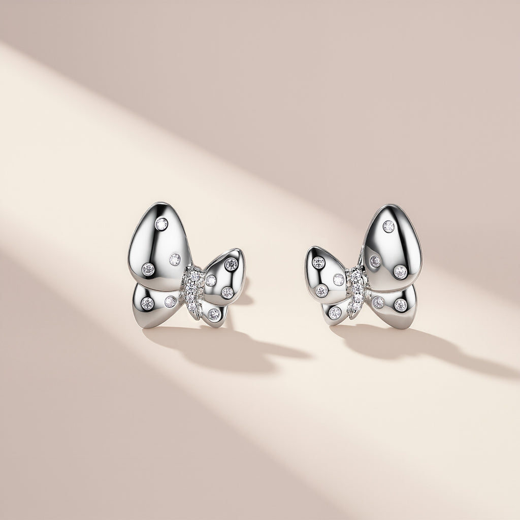 S925 Sterling Silver Butterfly Stud Earrings, D-VVS1 Moissanite Polished Wings, Platinum Plated 3.1g Women's Jewelry Gift Box Set