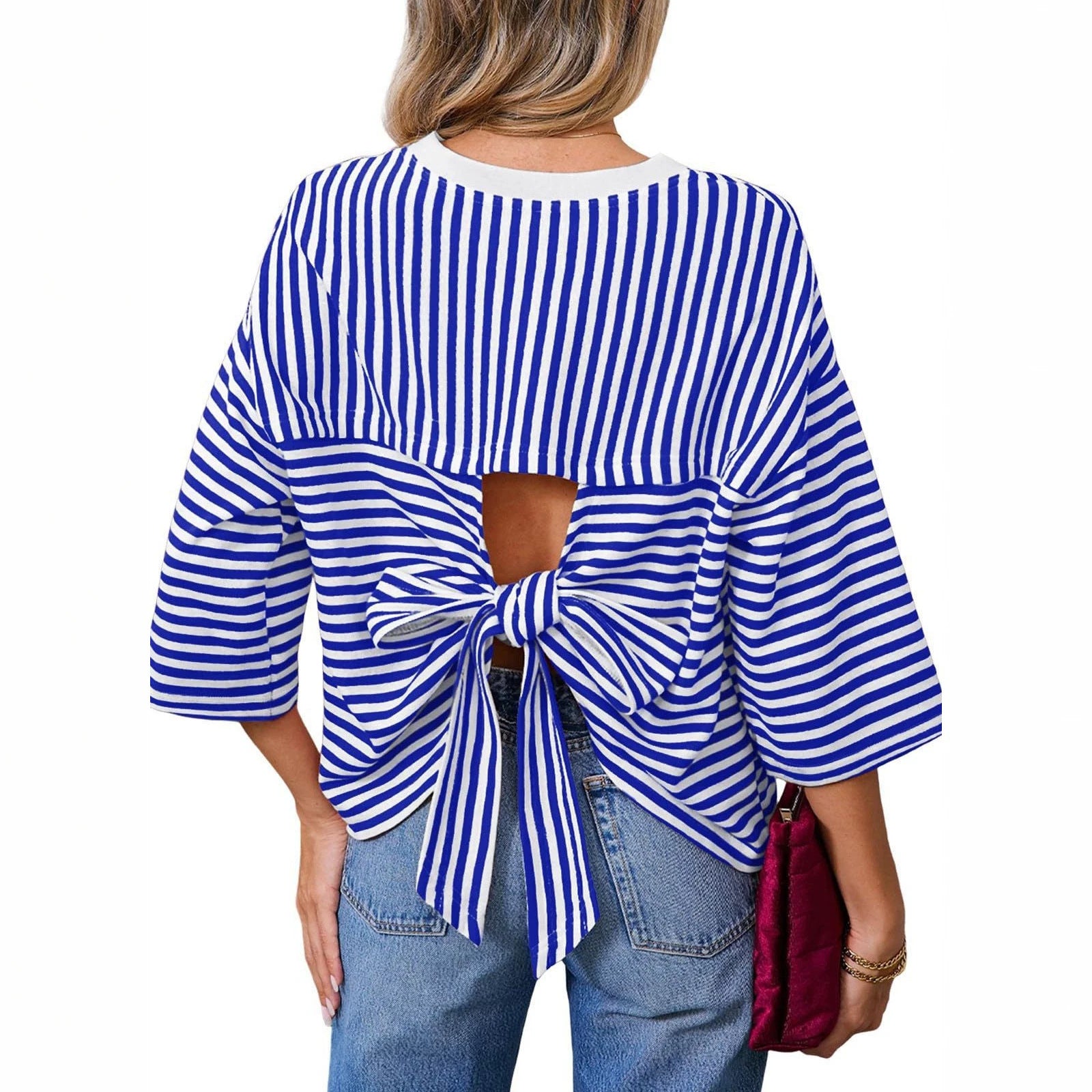 Round-neck Striped Casual Loose-fitting Top With A Back Cutout And Bow Tie Straps