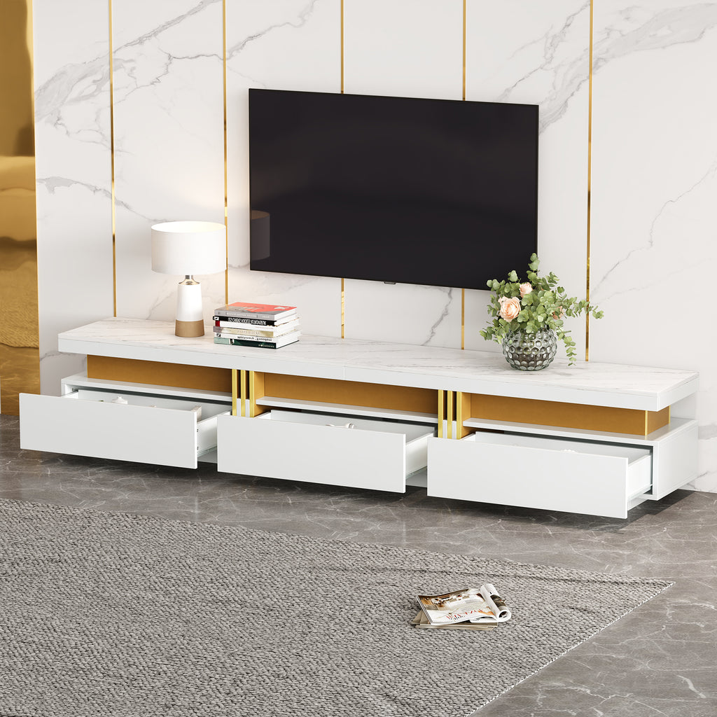 N625P213324325W Modern Lowboard TV Cabinet With Marble Look, TV Board, TV Chest Of Drawers, 200 X 40 X 42 Cm - For TVs Up To 90 Inches, Three Drawers And 1 Cable Management