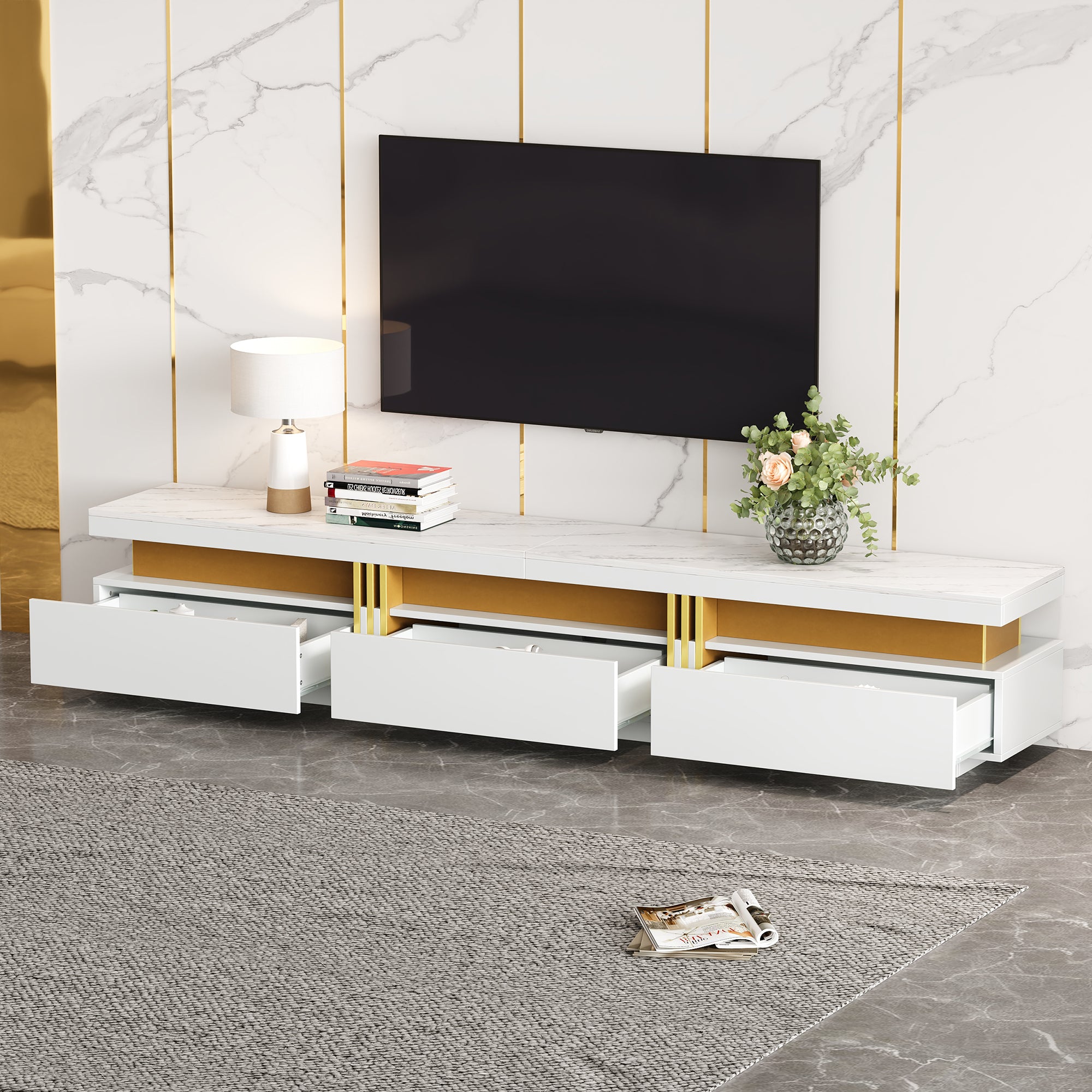 N625P213324325W Modern Lowboard TV Cabinet With Marble Look, TV Board, TV Chest Of Drawers, 200 X 40 X 42 Cm - For TVs Up To 90 Inches, Three Drawers And 1 Cable Management