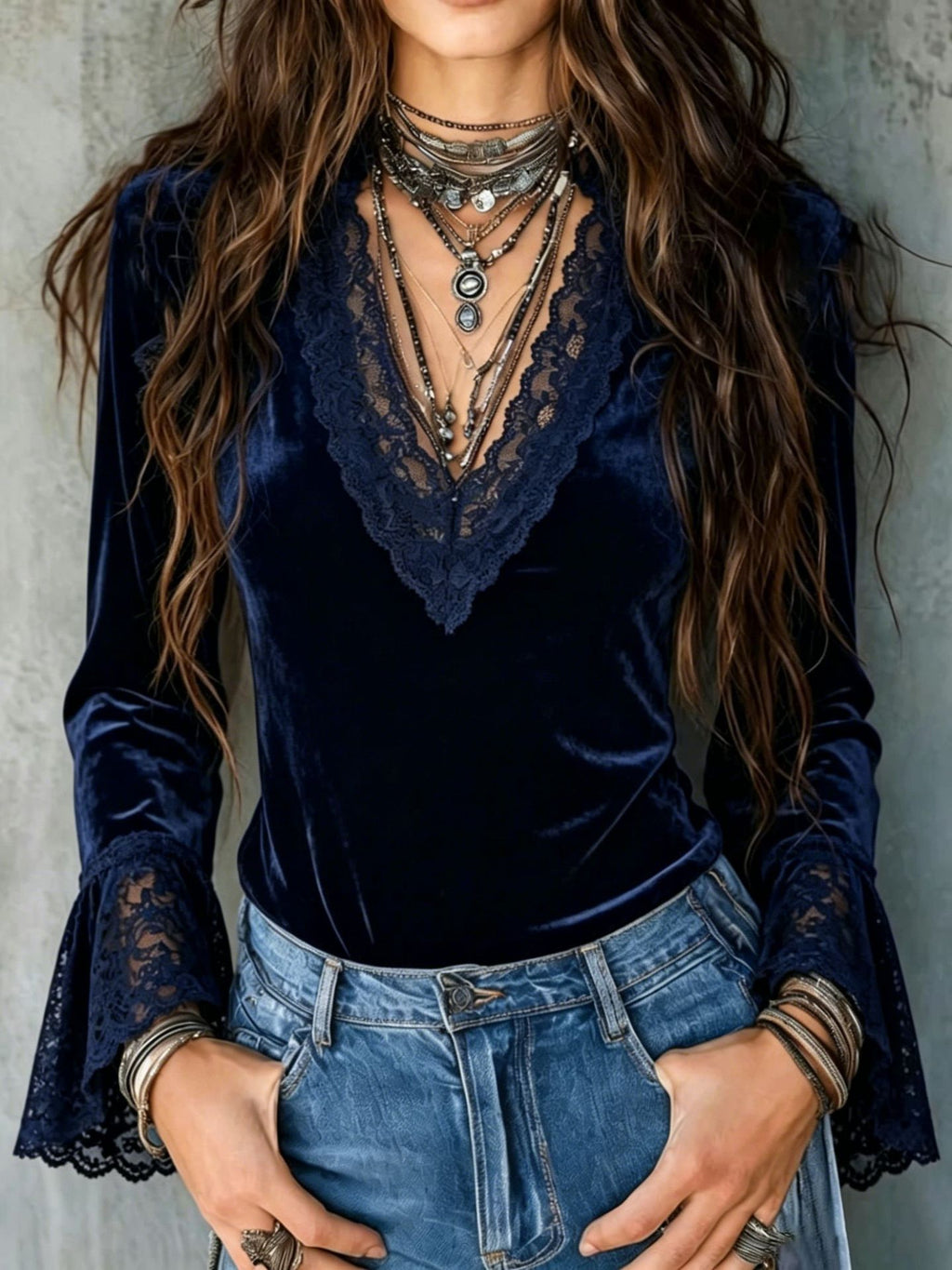 New Velvet Patchwork Deep-V Lace-trimmed Flared-sleeve Slim-fit Long Sleeves
