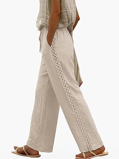 Womens Drawstring-waist Patchwork-lace Casual Loose-fitting Wide-leg Pants With Pockets