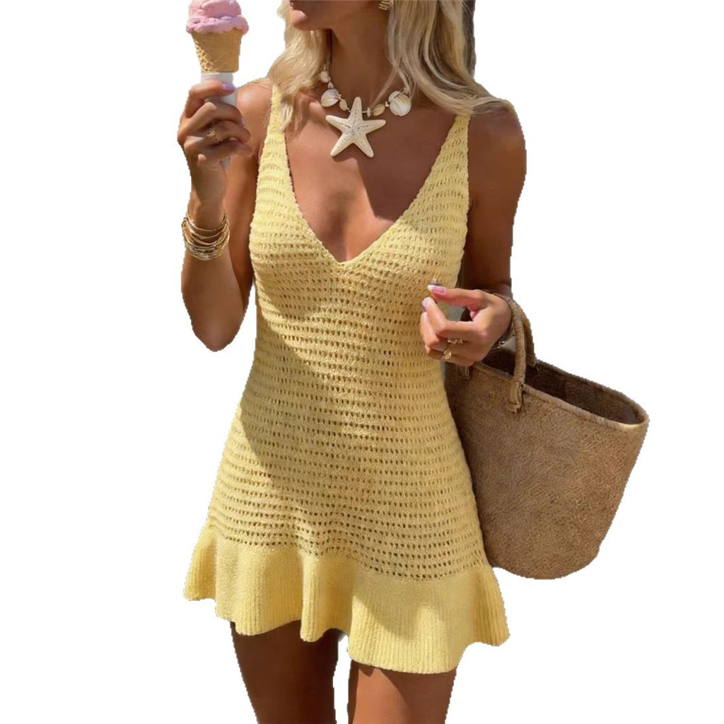 Womens Solid-color Sleeveless V-neck Dress With A Flounced Hem