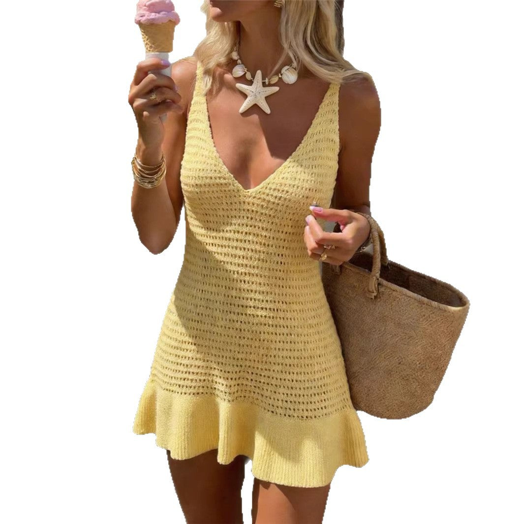 Womens Solid-color Sleeveless V-neck Dress With A Flounced Hem