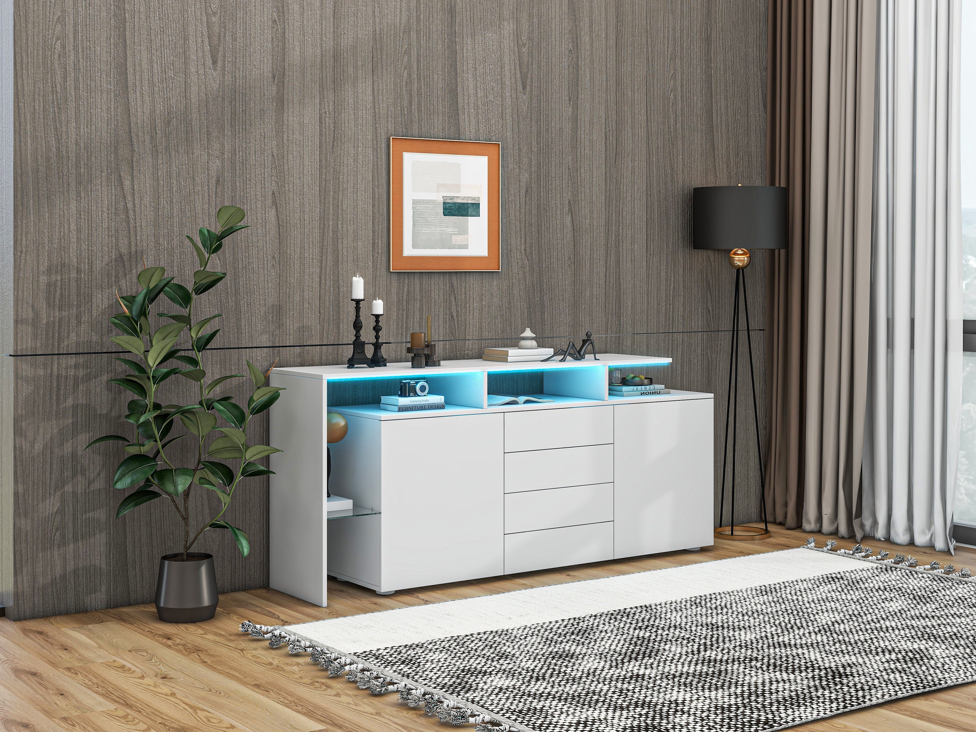 Chest Of Drawers, Sideboard With LED, Living Room Furniture In White High Gloss, Living Room Cabinet, Floor Standing Cabinet, TV Cabinet, Living Room Wall, Highboard, Multi-purpose Cabinet