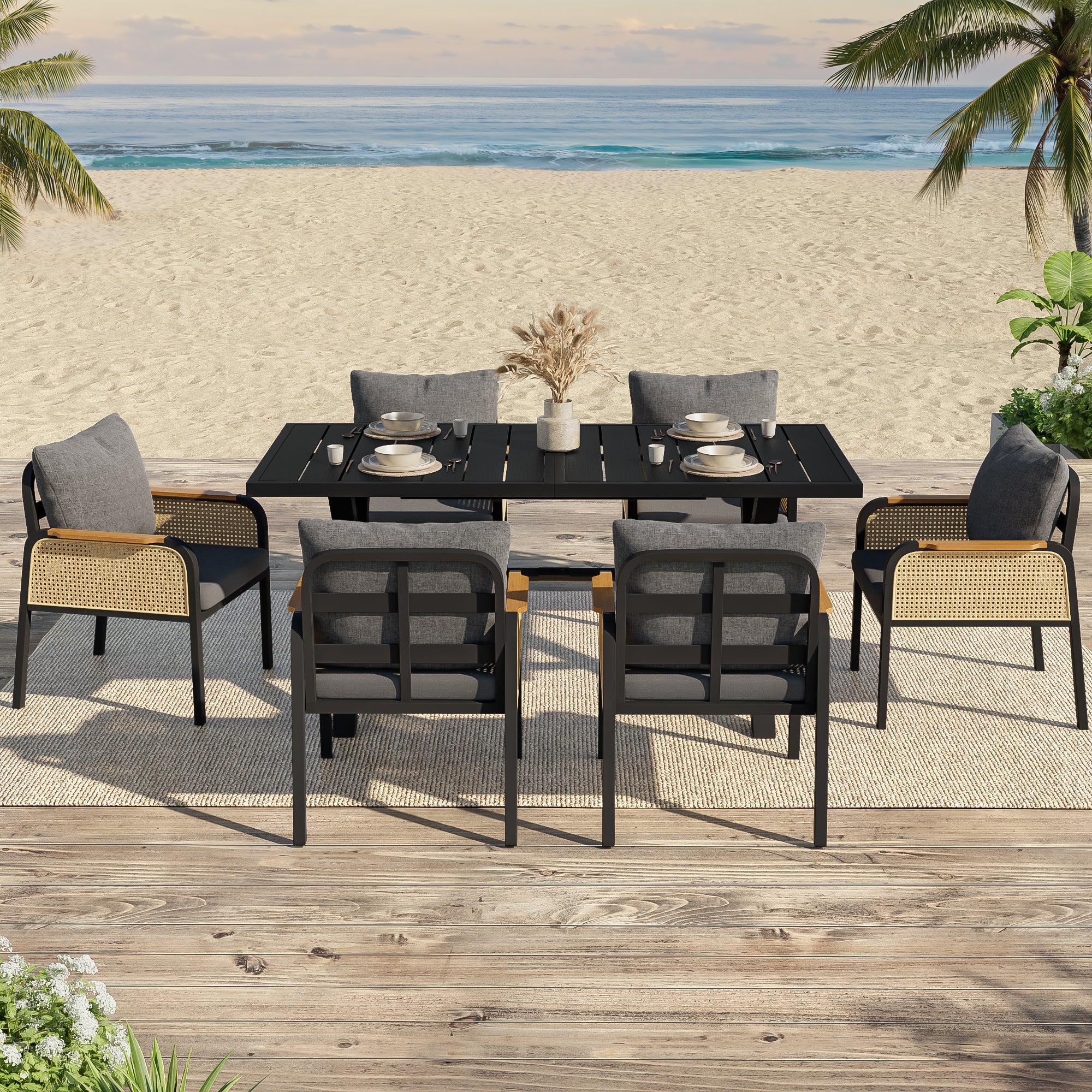 Modern Outdoor Sofa Set , Multi-Person Leisure And Meeting Set , Iron Frame , Braided Armrests , Seat Cushion Included