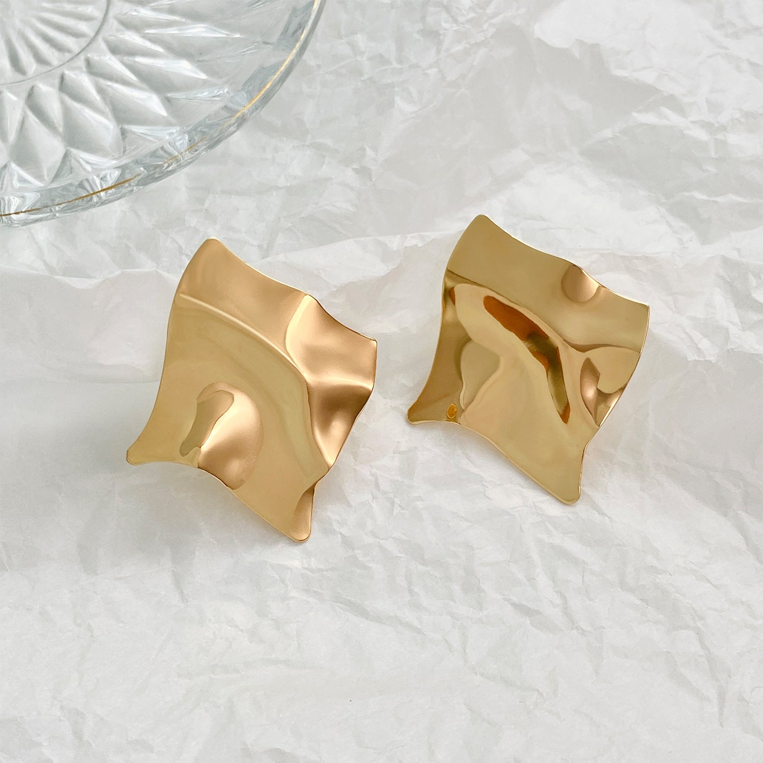 Women Retro Exaggerated Irregular Geometric Stud Earrings, Premium Metal Lava Crinkle Surface Trend European American Ear Ornaments