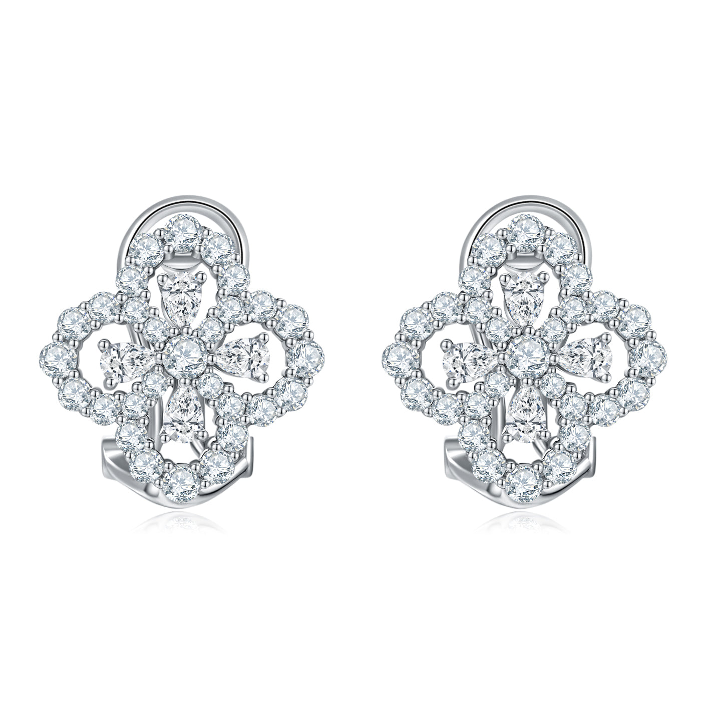 S925 Sterling Silver Clover Huggie Earrings, 3x2mm Pear D-VVS1 Moissanite Cluster, Platinum Plated 4.2g Elegant Women's Jewelry Gift Box